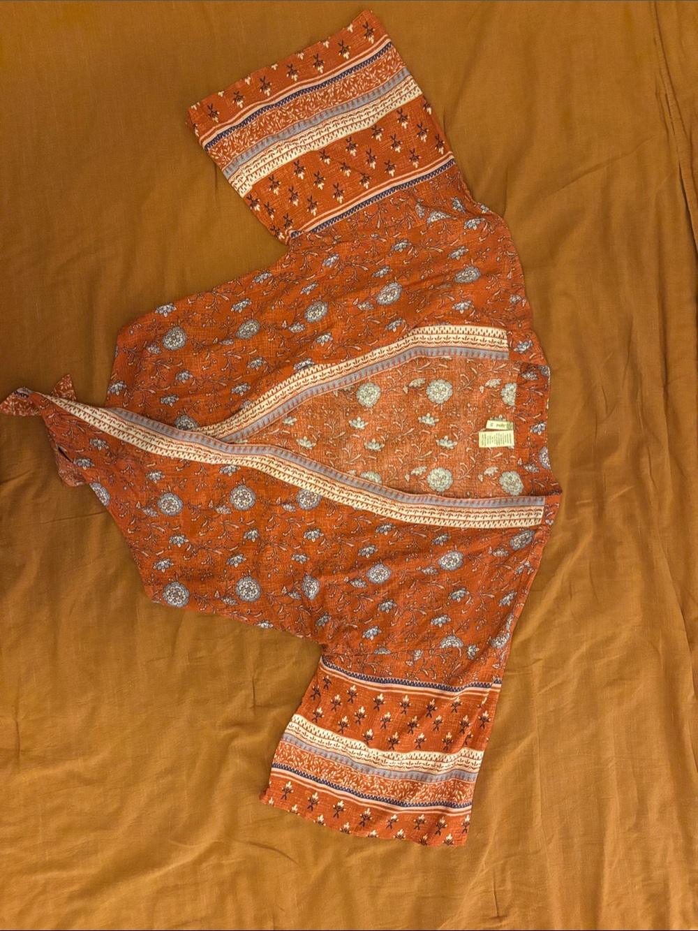 Boho Printed Cropped Kimono with Tie- Rust Floral